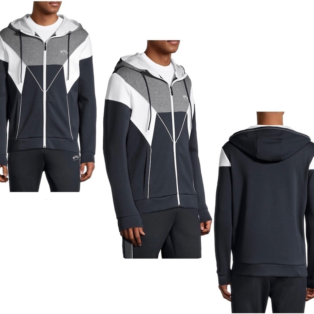 Boss men’s gray blue Colourblocked Cotton-Blend Hooded Sweatshirt Sz S